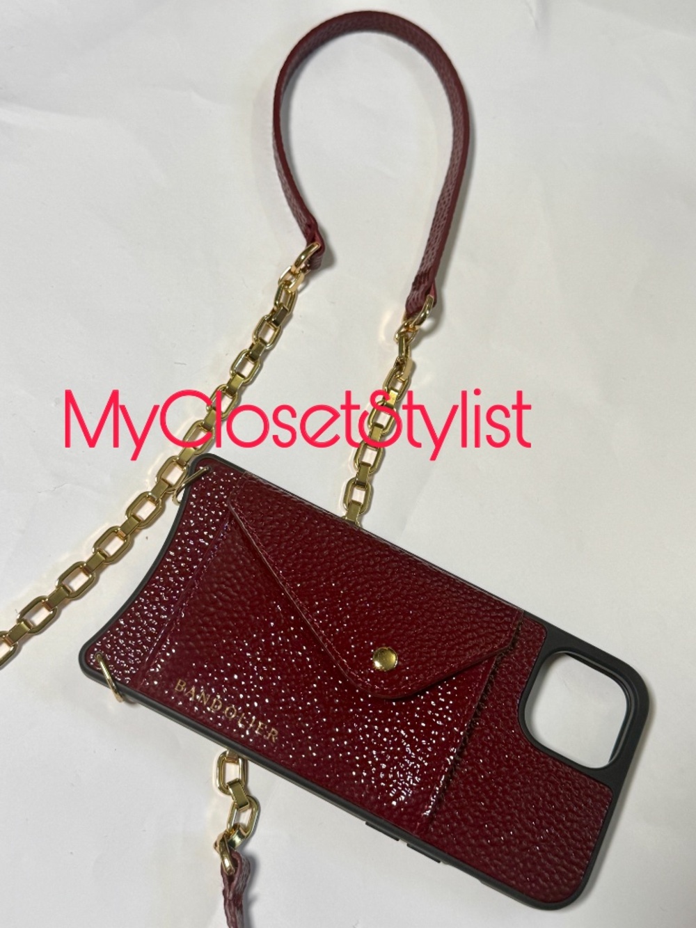 Bandolier LACQUER Leather 14plus Crossbody Chain Case SET wine/gold NEW RARE GEM